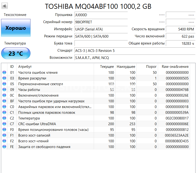 Жесткий диск Toshiba 1TB 2.5" MQ04ABF100 SATA для ноутбука